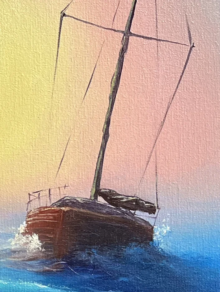 Close detail: the dark hull and rigging of the boat against a pink and gold sky, spray breaking at the bow