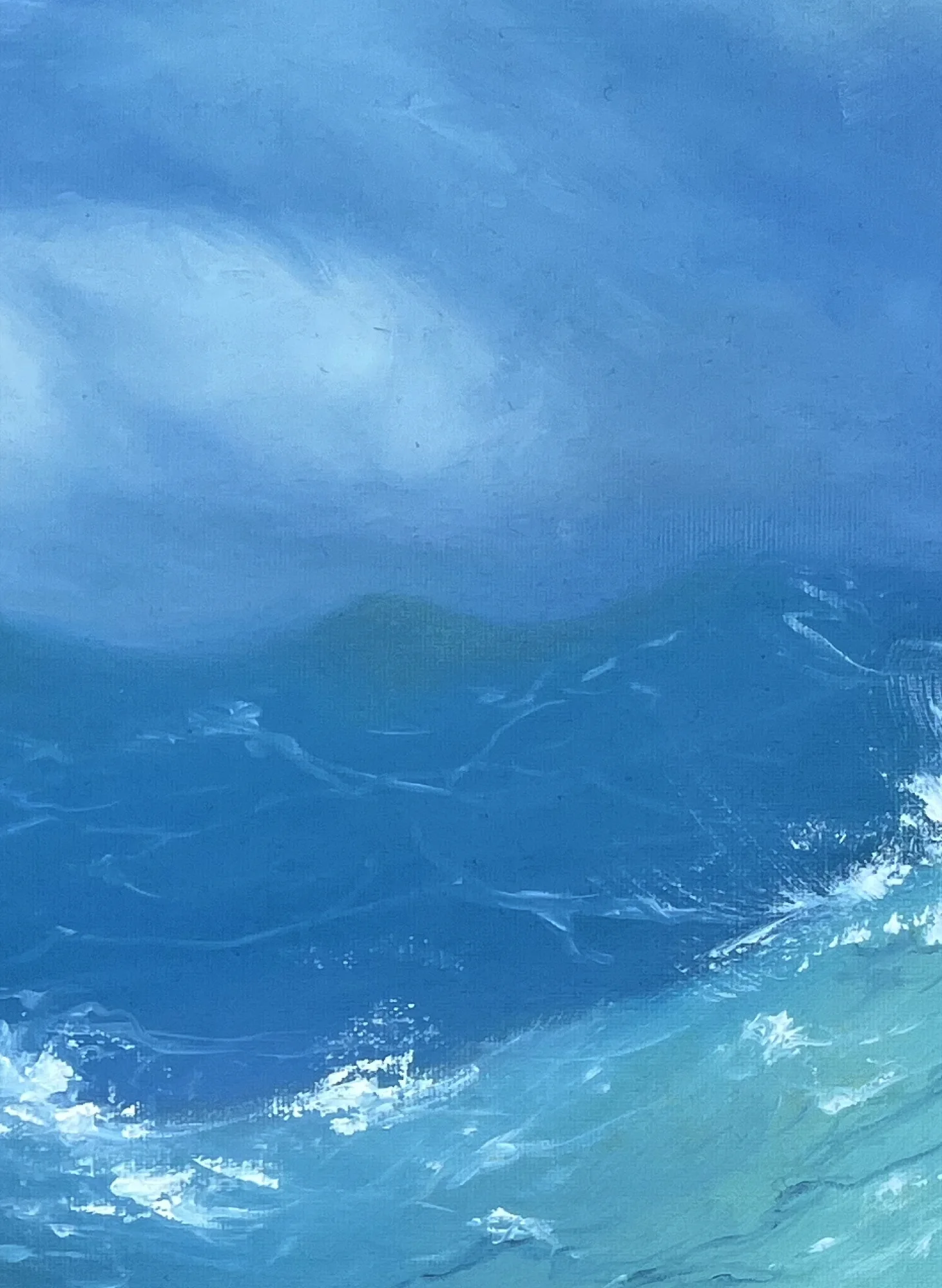Close detail: a pale sun glowing through cloud over a dark sea, a turquoise wave rising into the corner