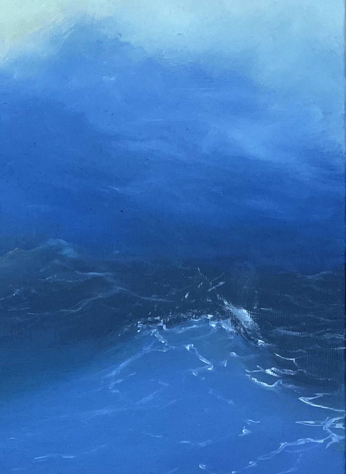 Close detail: a deep blue swell under a heavy sky, one crest catching the light along its edge