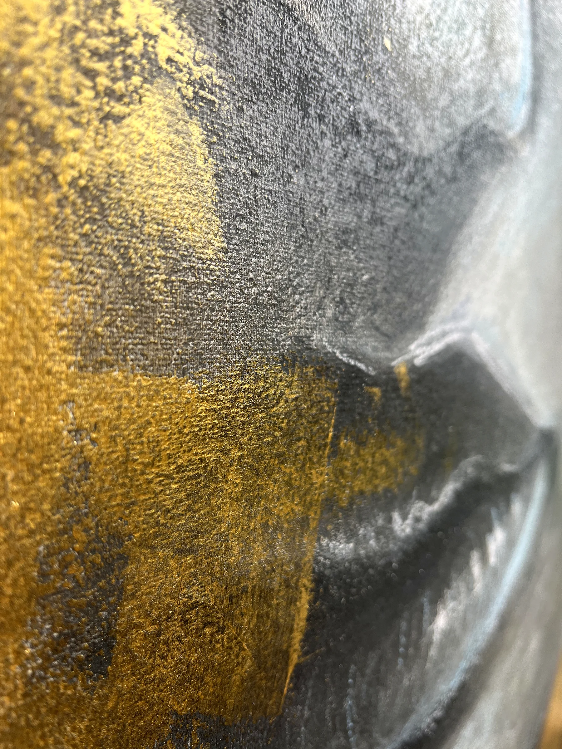 Detail of the painting Face by Natalie Streit: the parted lips seen at a low angle, a broad band of gold sweeping across beneath them