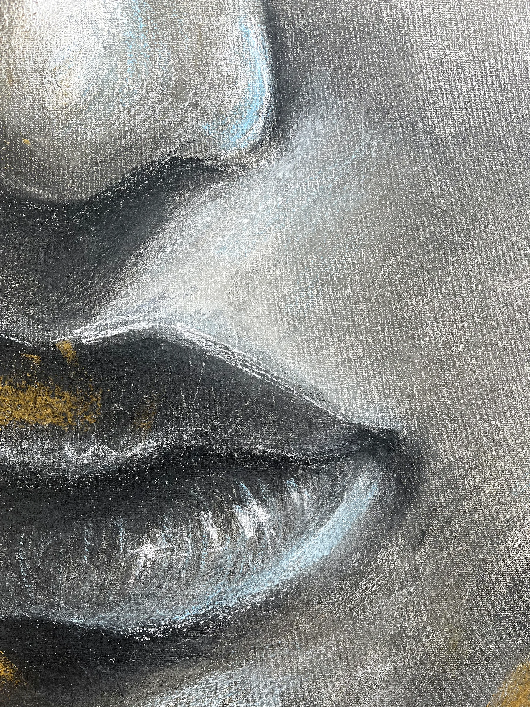 Detail of the painting Face by Natalie Streit: the tip of the nose above full closed lips, soft grey shading with white and blue highlights