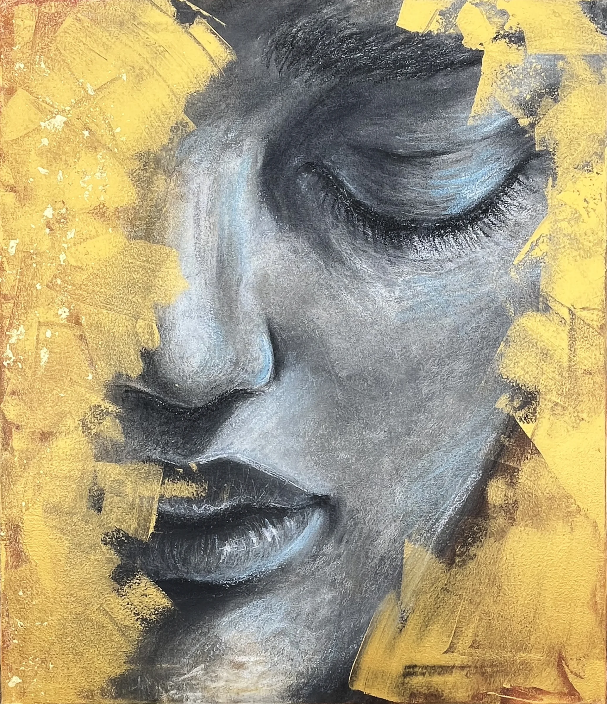 Face, soft pastel, acrylic and gold leaf, 60 × 70 cm, a painting by Natalie Streit