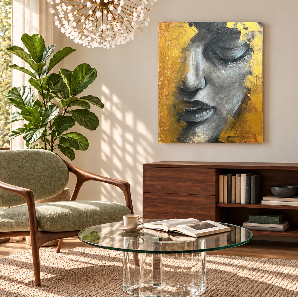 Face, a portrait painting by Natalie Streit, above a walnut sideboard in a sunlit living room with a glass coffee table and a green armchair