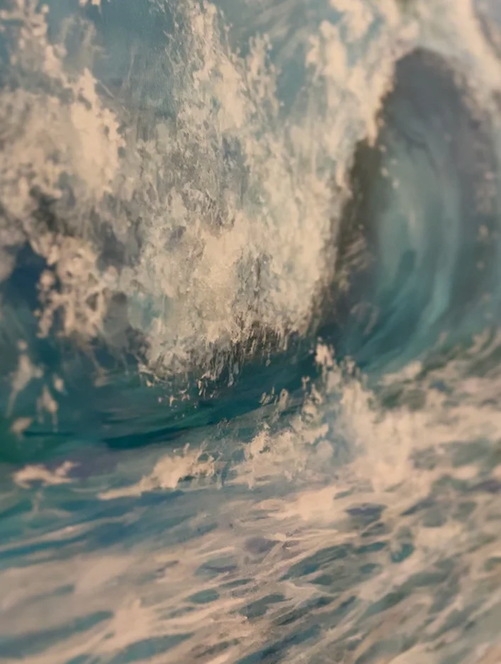A short silent clip of the painting Wave, the camera moving slowly across the crest and the spray