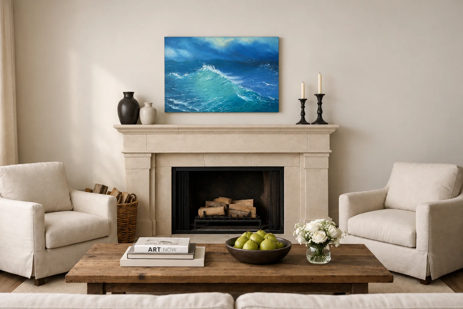 The painting hung above a cream stone fireplace in a light living room, between two linen armchairs