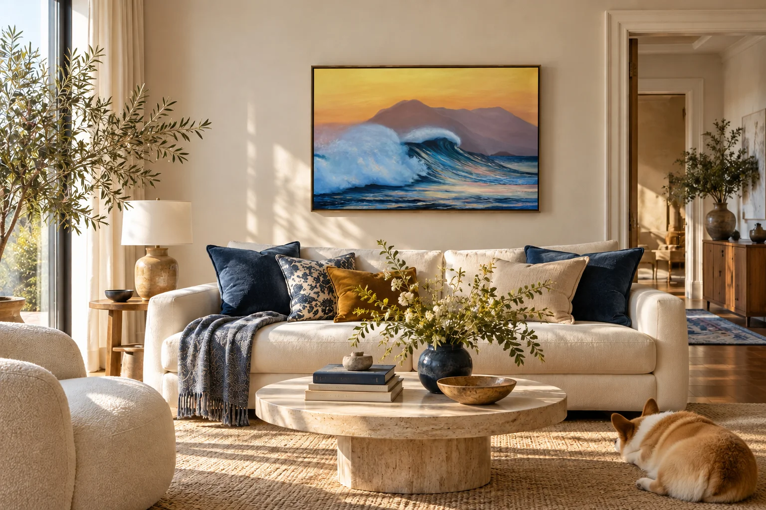 The painting in a slim gold frame above a cream sofa with navy cushions, in a sunlit living room where a corgi sleeps on the rug