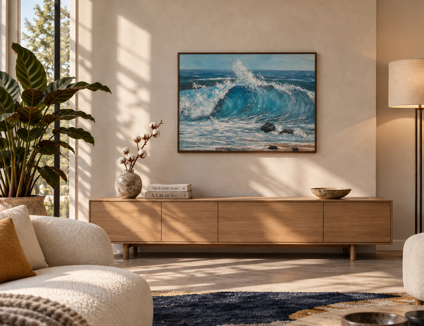 The painting in a dark wood frame above a low oak sideboard in a sunlit living room, a tall plant by the window